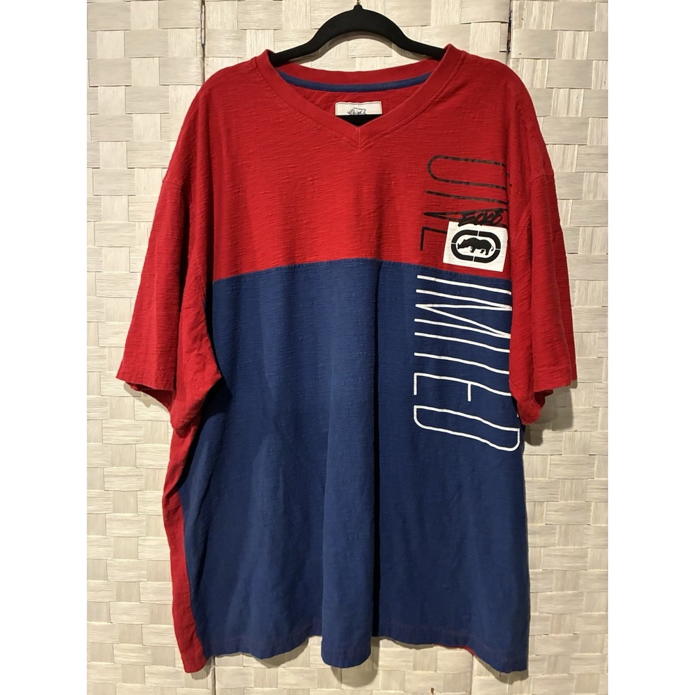 Ecko Unltd Mens 3XL Red Blue Colorblock Graphic V-Neck T-Shirt Rhino Logo
